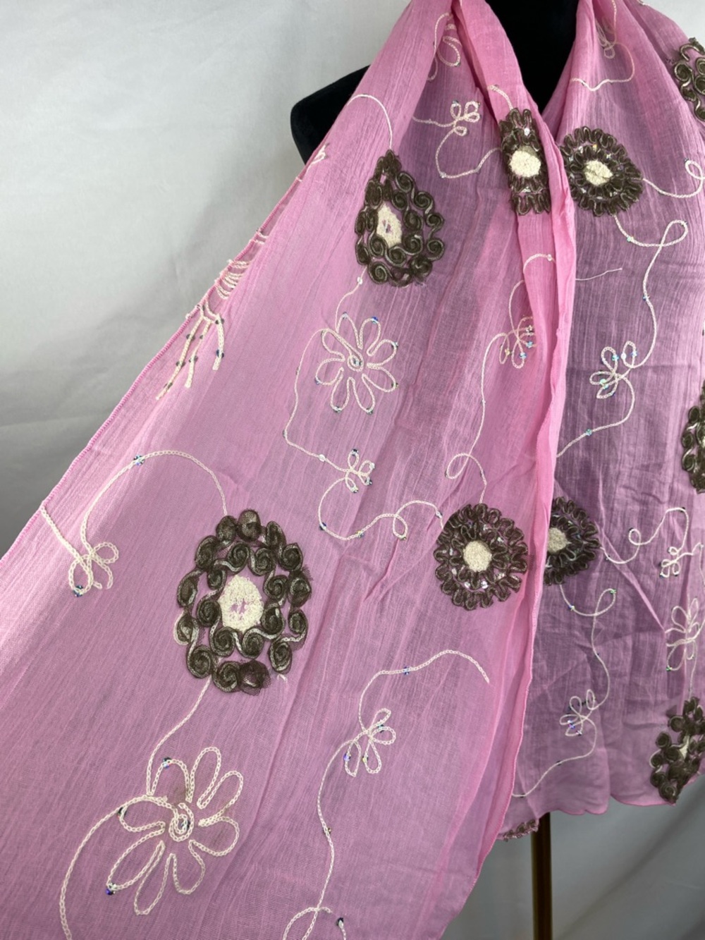 Vintage Y2K Boho Tickled Pink Embroidered Sequin 100% Cotton Scarf 66”X 15”